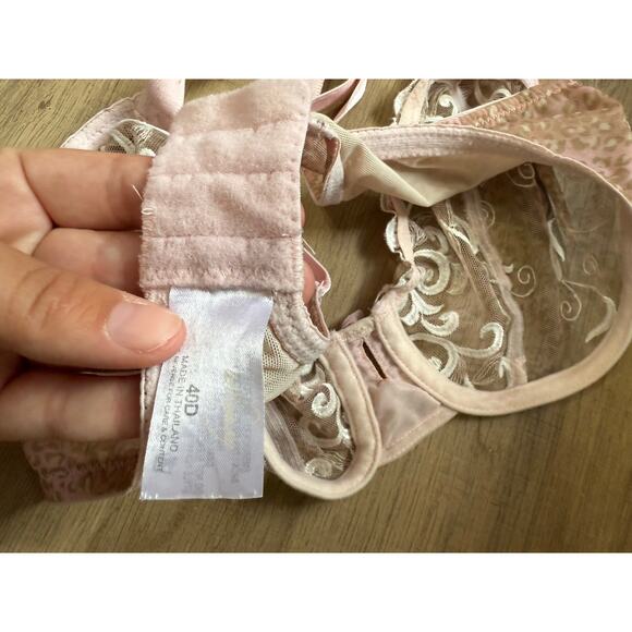Sheer Embroidered Lace No Underwire Bra Pink Floral Mesh 40D - Picture 3 of 5